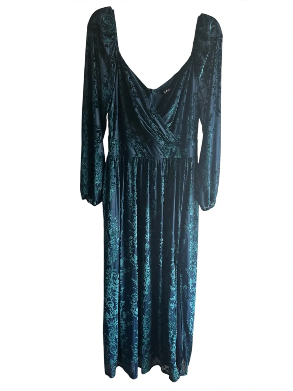 Curve Ins Emerald Green Burnout Velvet Floral Maxi Dress Long Sleeve Plus Size